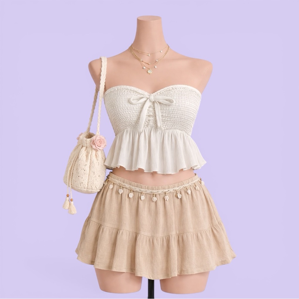 White Ruffle Bow Tie Front Crop Top Coquette Chiffon Rue 21 Medium Stretch Boho